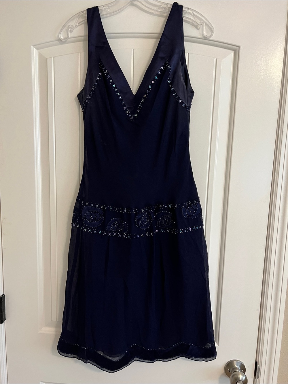 Nine West Dark Navy V-Neck Beaded Midi Dress